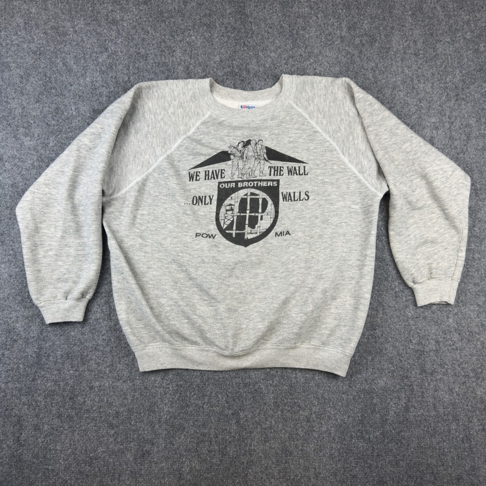 Vintage Hanes POW MIA Sweatshirt XL Gray Raglan Made in USA Veteran Graphic